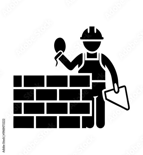 Black silhouette icon of bricklayer building brick wall using trowel and mortar flat design