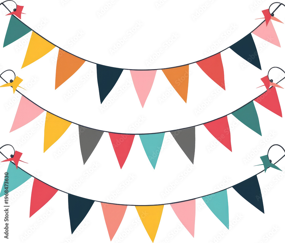 Fototapeta premium Colorful triangular bunting flags hanging in festive celebration against a clear blue background