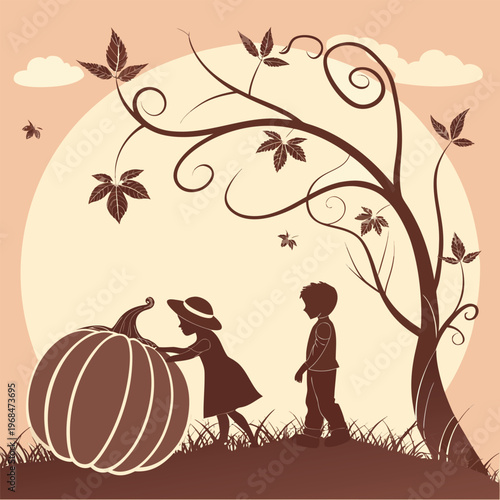 Bold black silhouette of a plump pumpkin with curling vines, perfect for fall harvest and Halloween themes.