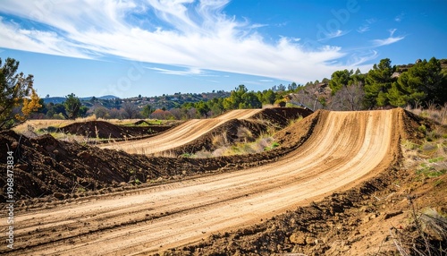 Motocross track background with dirt jumps and rugged terrain