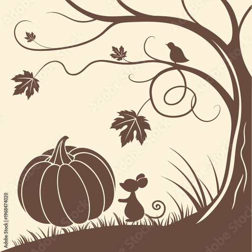 Minimalist black silhouette of a plump pumpkin with simple curling vines, ideal for fall and Halloween designs.