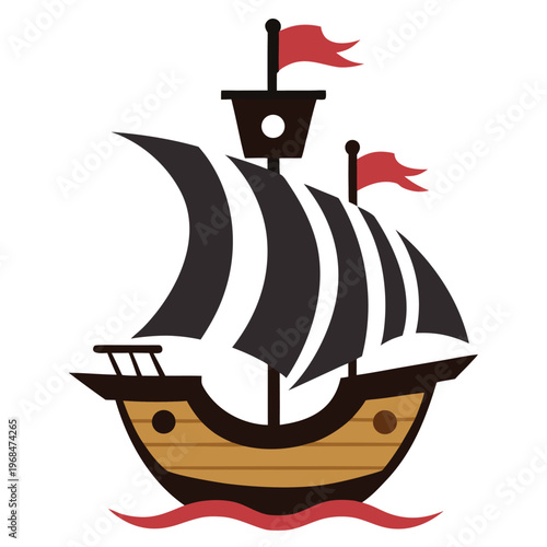 Bold black silhouette of a pirate ship with a distinctive curved hull, symbolizing adventure on the high seas.