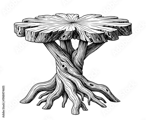 Natural wood vector tree stump table, unique handcrafted rustic home furniture design.