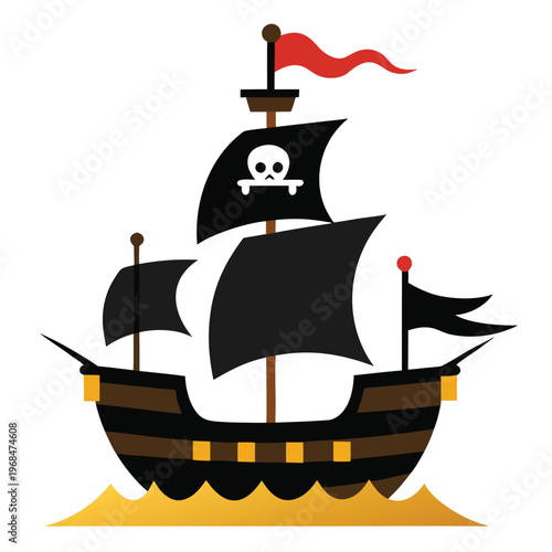 A stark black silhouette of a pirate ship with a distinctly curved hull, embodying daring voyages and the open sea.