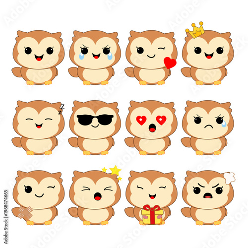 Collection of twelve colorful flat design owl character emojis with diverse expressions for educational apps and digital chat interface.
