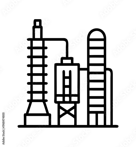 Industrial factory building with multiple towers, tanks, and connected pipes, a refinery
