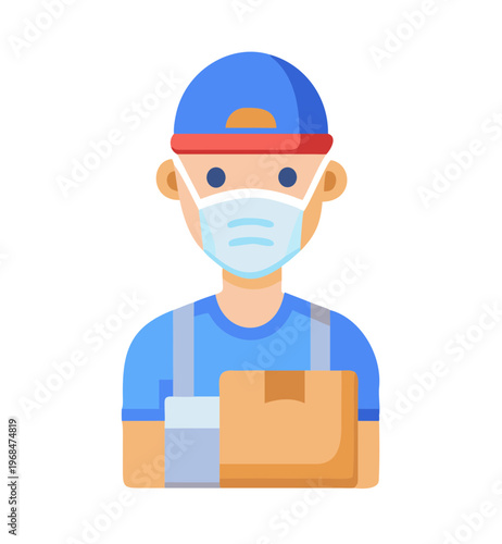 Delivery man in a face mask and cap, holding a package, ready for contactless delivery