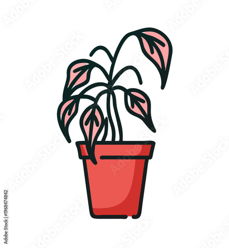 Potted plant with wilting pink leaves, droopy, neglected houseplant, home decor concept