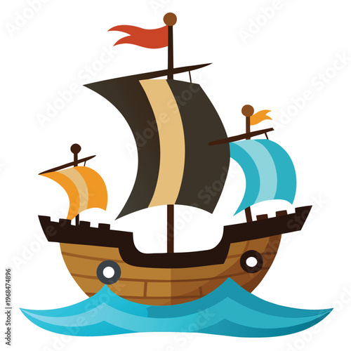 Distinctive black silhouette of a pirate ship with a curved hull, perfect for historical or fantasy seafaring concepts.