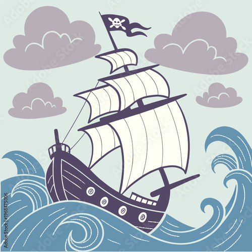 Sharp black silhouette of a pirate ship with a classic curved hull, evoking tales of the sea and distant lands.