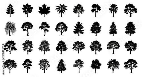 A collection of thirty-two black silhouettes of various trees, including pine, palm, and deciduous trees, arranged in six rows on a white background with a minimalist composition.