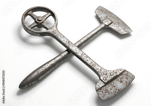 Two old metal tools with rusty surface and handles crossed over each other on white background