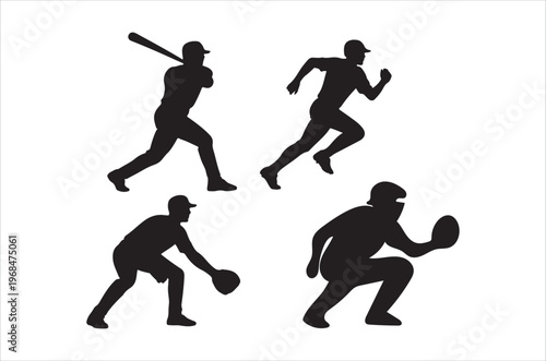 Silhouettes of baseball players in various action poses against white background