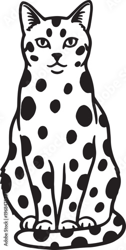 black and white illustration of a spotted cat sitting upright