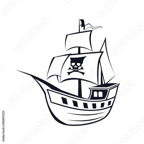 Simple black silhouette of a pirate ship with a curved hull, embodying the spirit of the sea and exploration.
