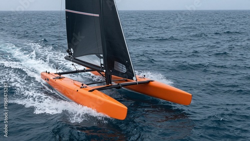 An orange racing trimaran sails swiftly on a choppy blue sea with white foam trailing behind.