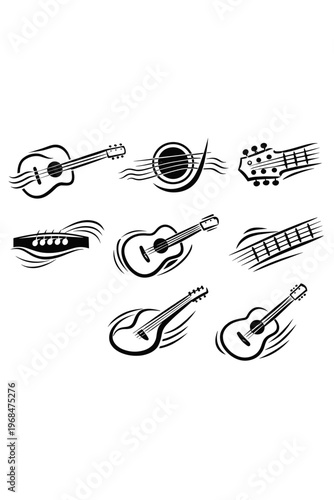 Collection of Black Ink Guitars and Harmonica Stylized Illustrations on White