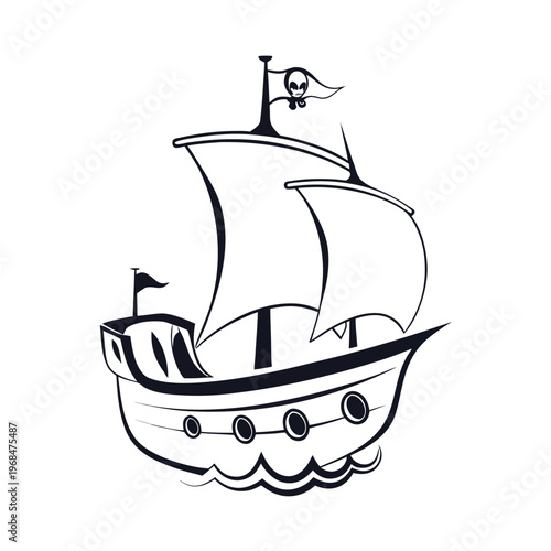 A classic black silhouette of a pirate ship with a curved hull, perfect for illustrating adventure and maritime tales.