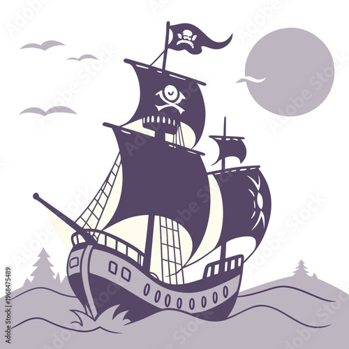 Minimalist black silhouette of a pirate ship with a curved hull, representing journeys and the vast ocean.