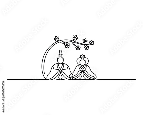 Artistic continuous line drawing of two Japanese Hina dolls sitting under a blossoming cherry tree branch
