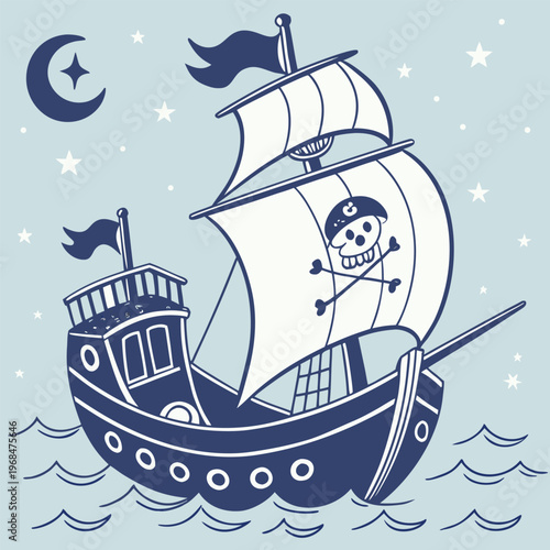 Clean black silhouette of a pirate ship with a curved hull, symbolizing exploration and journeys across the water.