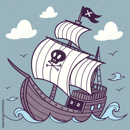 Bold black silhouette of a pirate ship with a curved hull, evoking a sense of mystery and seafaring adventure.