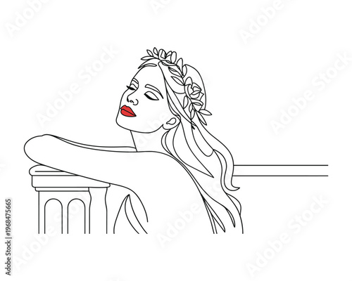 Elegant line art drawing of a beautiful woman with a floral crown and red lips resting on architectural element