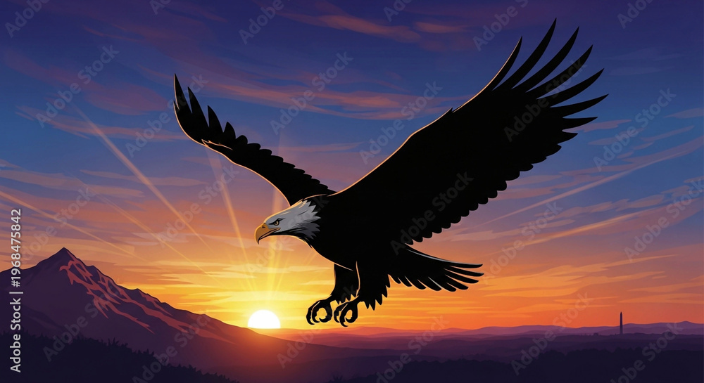 Fototapeta premium Majestic Bald Eagle Silhouette in Flight over American Landscape at Sunrise, Symbol of Freedom, Patriotic.