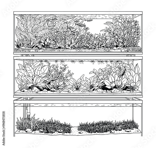Vector set of aquariums with fish and aquatic plants, underwater scene.
