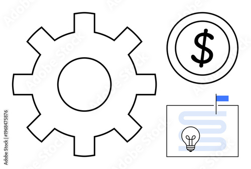 Process and financial management. Simplified symbols include a gear, dollar sign, and a project roadmap. Process ensures efficiency, productivity, and financial strategy. Useful for business