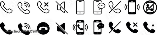 phone call and mobile communication line icons set, telephone incoming outgoing missed call voice mail mute silent ring smartphone message chat and contact vector outline icon collection on transparen