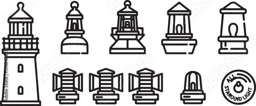Lighthouse and maritime symbols including compass and boat illustration Vector