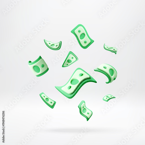 3D paper bank notes floating in air. Abstract economic concept with symbol of cash money. Digital render illustration of falling currency for financial marketing and business. Vector illustration