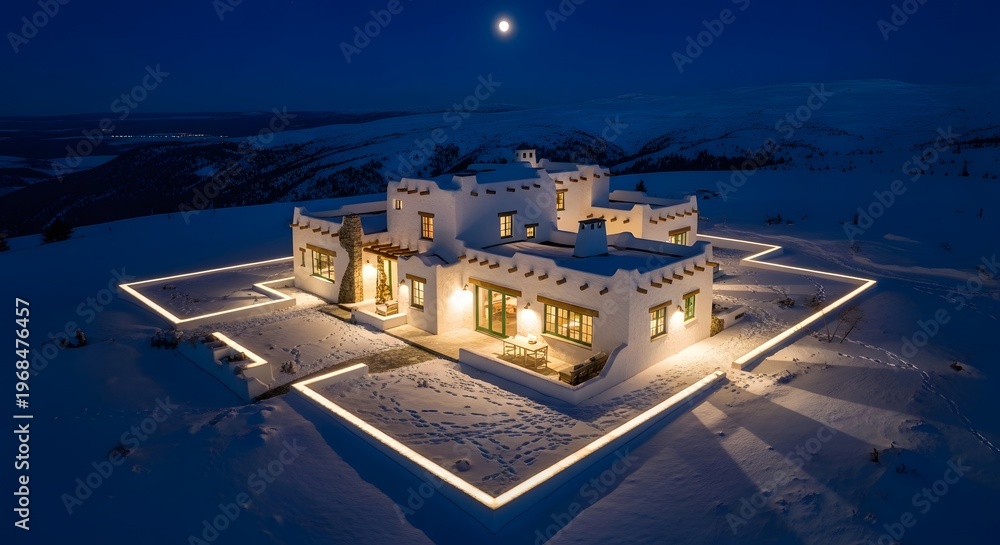 Fototapeta premium Luxury Mountain Home at Night with Illuminated Pathways - Winter Landscape