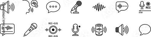 audio sound and voice communication icons set, microphone speaker recording podcast waveform speech chat and voice message media vector line outline icon collection isolated on transparent background