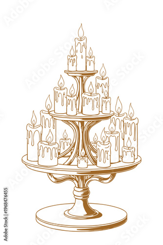 Elegant multi-tiered candle holder vector drawing with many lit candles on display.
