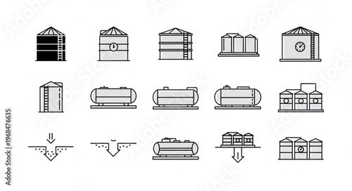 Collection of Industrial Storage Tank Icons for Various Applications.