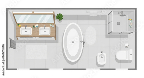 Bathroom Layout with Bathtub, Shower, and Double Sink Vanity.