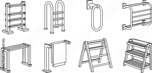 A collection of vintage wooden chairs and tables in black and white line drawings Vector