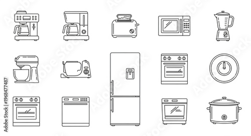 Collection of Kitchen Appliances Line Art Illustrations.
