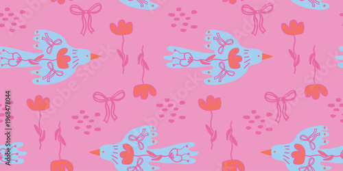 Folk style birds and wild flowers seamless pattern for romantic coquette themed stationery and fabrics