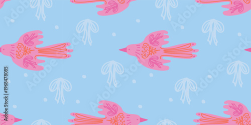Traditional folk bird pattern with decorative bows on light blue backdrop for whimsical nursery wallpaper