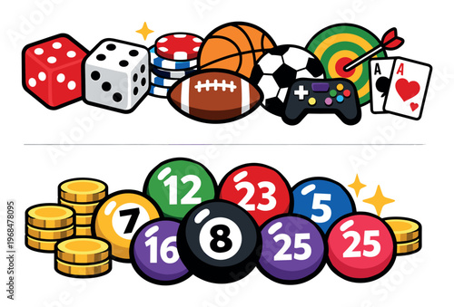 Assortment of casino, sports, and gaming paraphernalia creatively displayed in a lively border layout symbolizing fun and luck