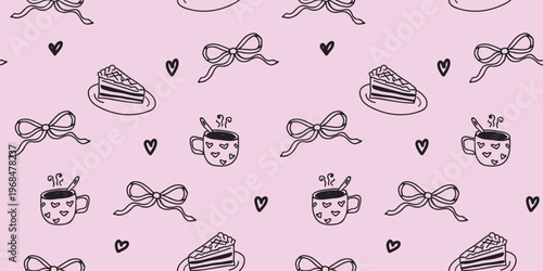 Romantic Coquette Pattern with Chocolate Cake Slices Pink Bows and Hearts