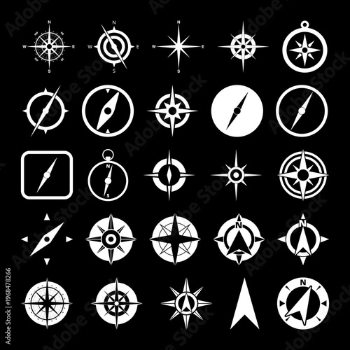 Compass and wind rose icons set isolated on black background