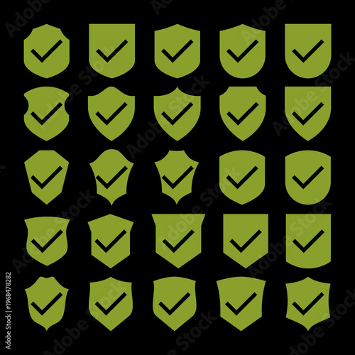 Shield Check Mark Icons set isolated on black background