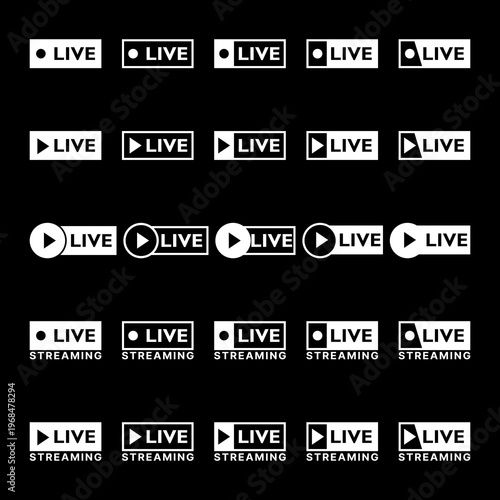 Set of buttons for live streaming. Live streaming icons set isolated on black background