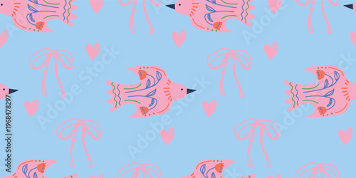 Ornate folk birds with floral wings and hearts pattern on pastel blue for bohemian nursery decor