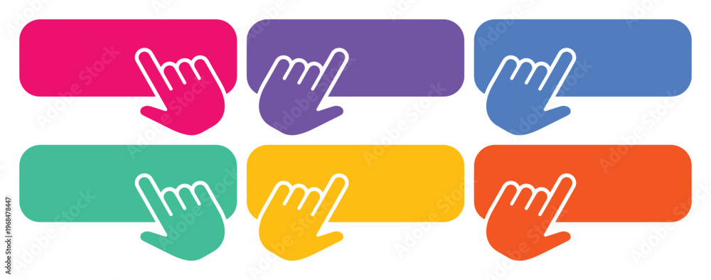 Fototapeta premium Colorful Click Buttons Vector Set, Six Vibrant Web Elements with Hand Cursor Icons, Interactive UI Design Assets for Websites and Apps, Modern Digital Interface Components