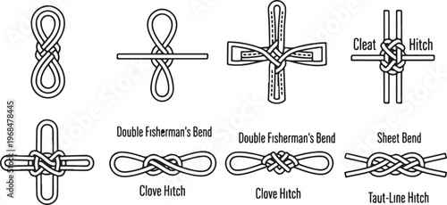 Common knots and hitches used in camping and outdoor activities Vector